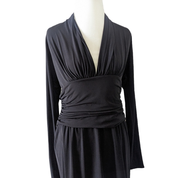 Boston Proper Dress Medium Andrea Begar Black Plunge Ruched Long Sleeve Cocktail - Picture 2 of 4